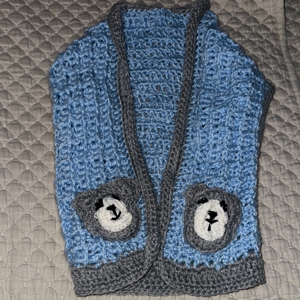 Handmade Blue and Gray Crochet Vest with Bear Pockets